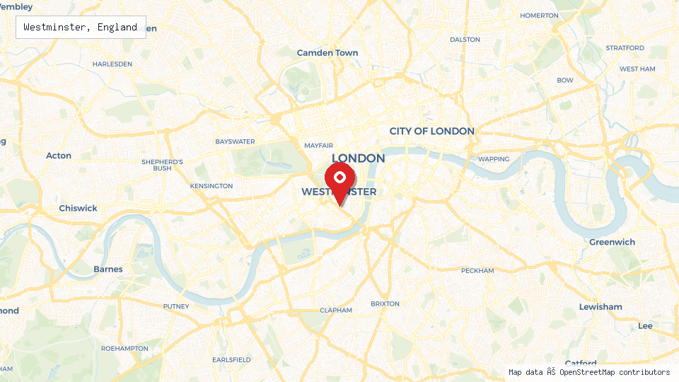 Street map of Westminster, England with location pin