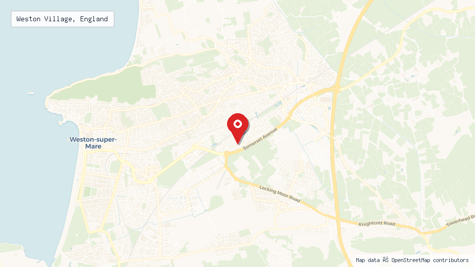 Street map of Weston Village, England with location pin
