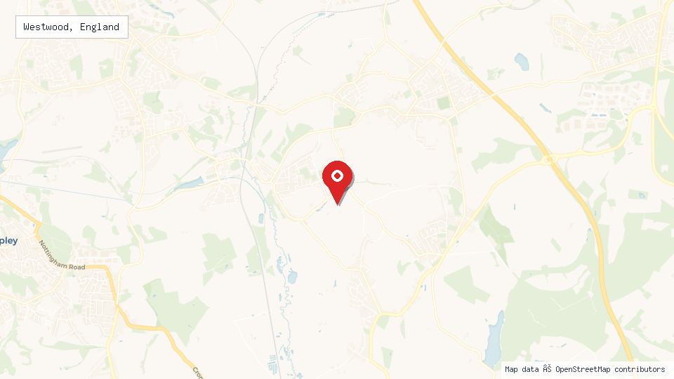 Street map of Westwood, England with location pin