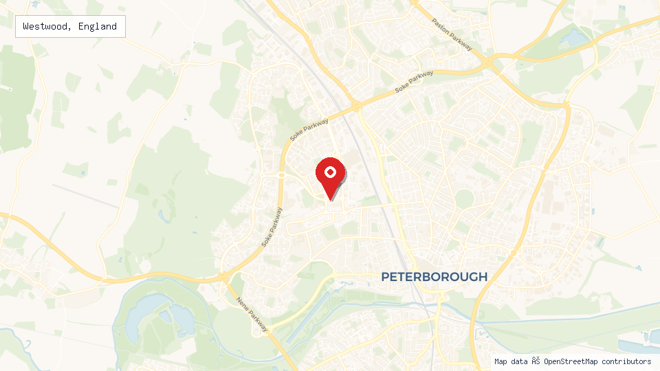 Street map of Westwood, England with location pin