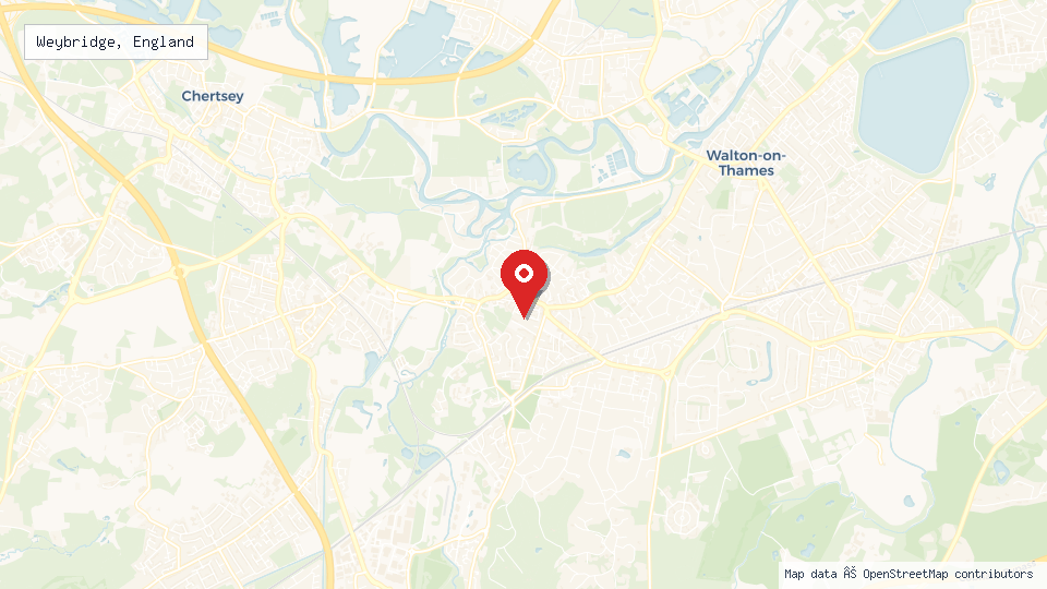 Street map of Weybridge, England with location pin
