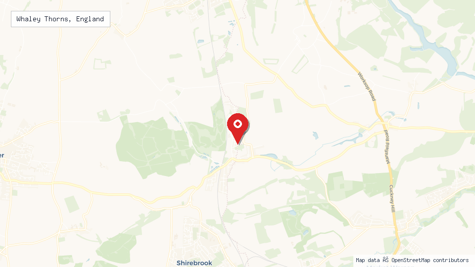 Street map of Whaley Thorns, England with location pin