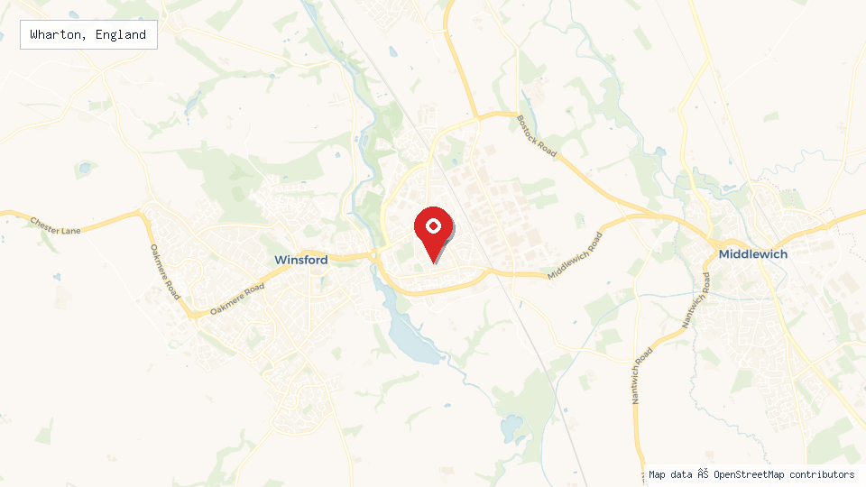 Street map of Wharton, England with location pin