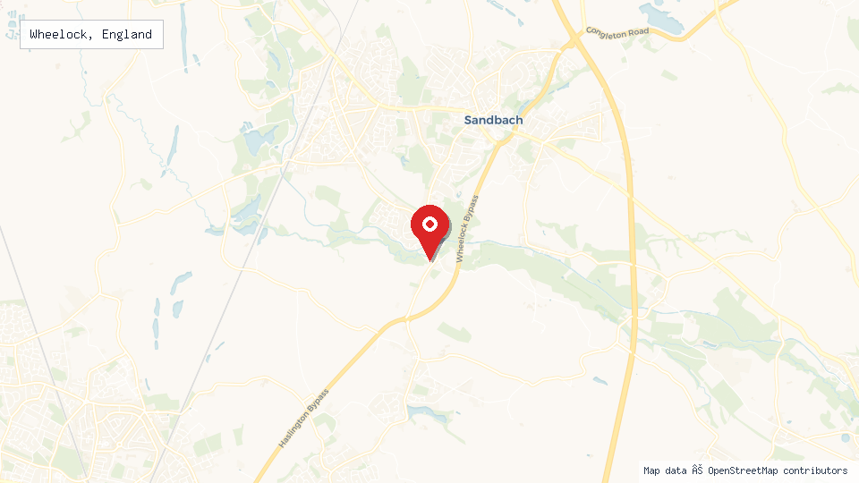 Street map of Wheelock, England with location pin
