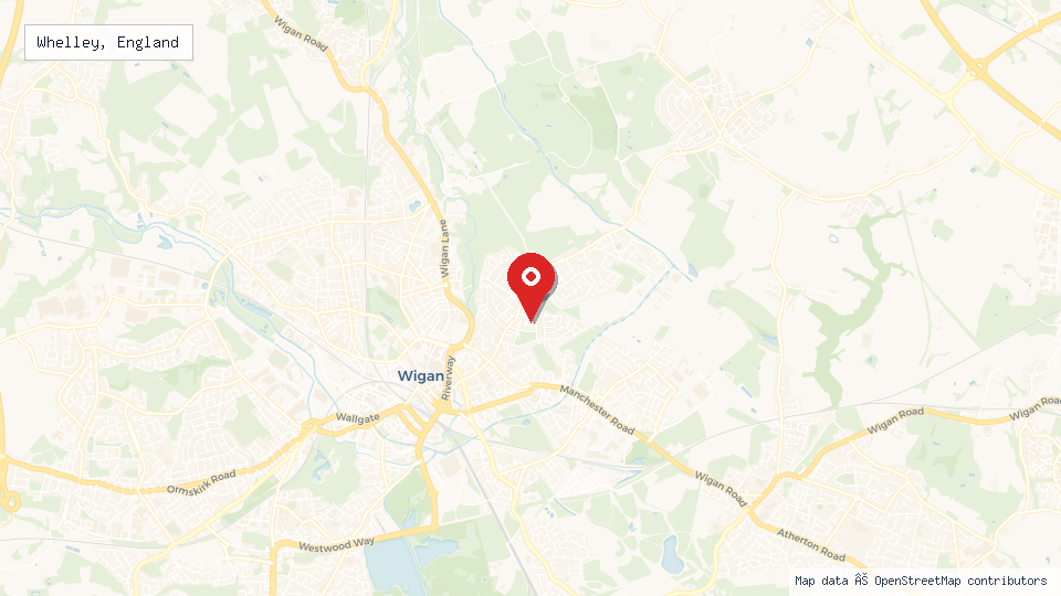 Street map of Whelley, England with location pin