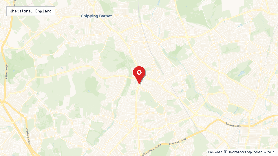 Street map of Whetstone, England with location pin