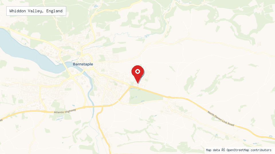Street map of Whiddon Valley, England with location pin