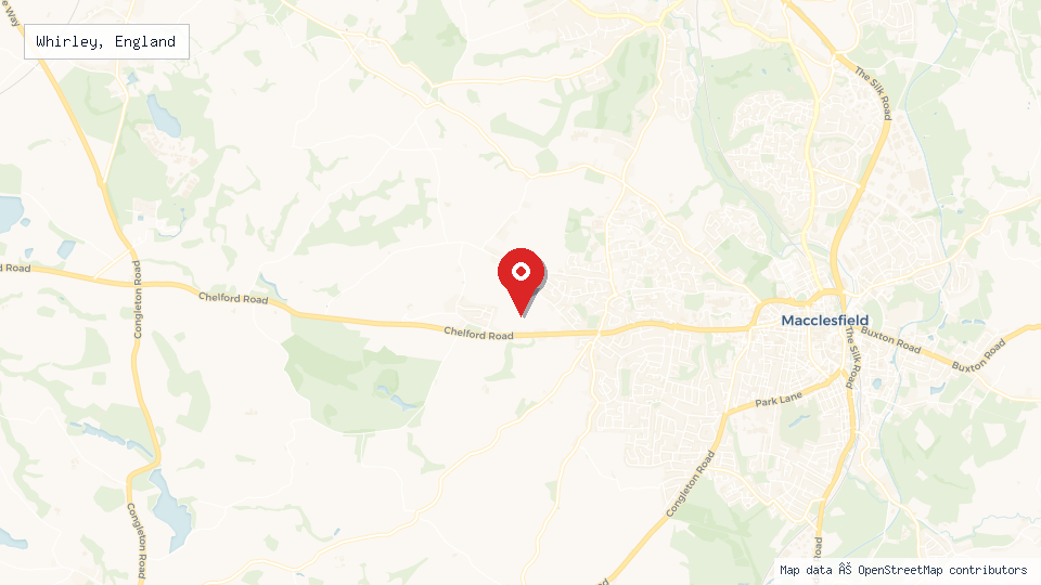 Street map of Whirley, England with location pin