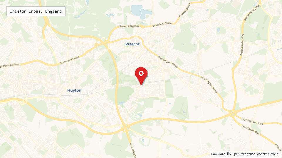 Street map of Whiston Cross, England with location pin