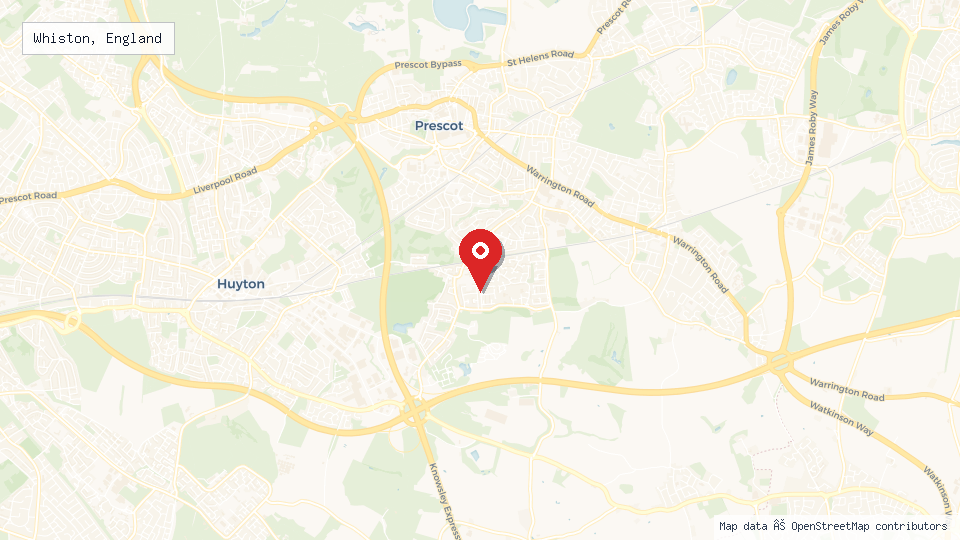 Street map of Whiston, England with location pin