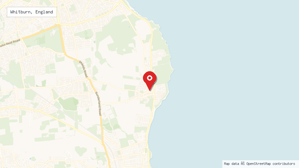 Street map of Whitburn, England with location pin