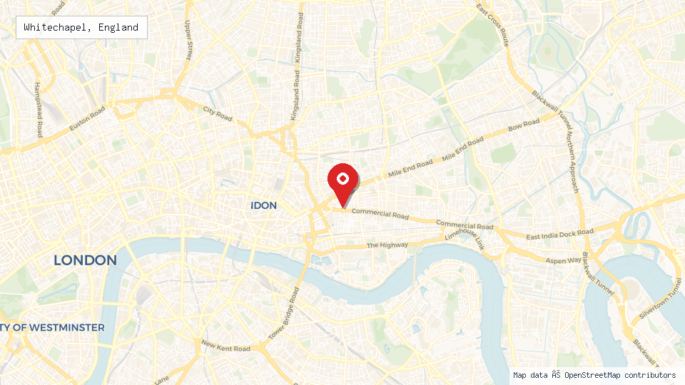 Street map of Whitechapel, England with location pin