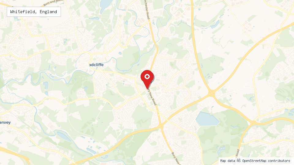 Street map of Whitefield, England with location pin