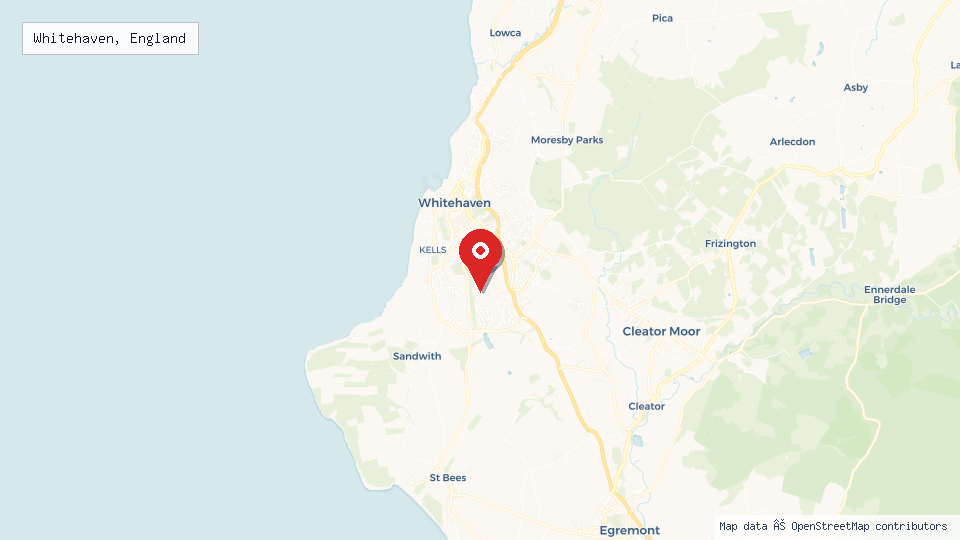 Street map of Whitehaven, England with location pin