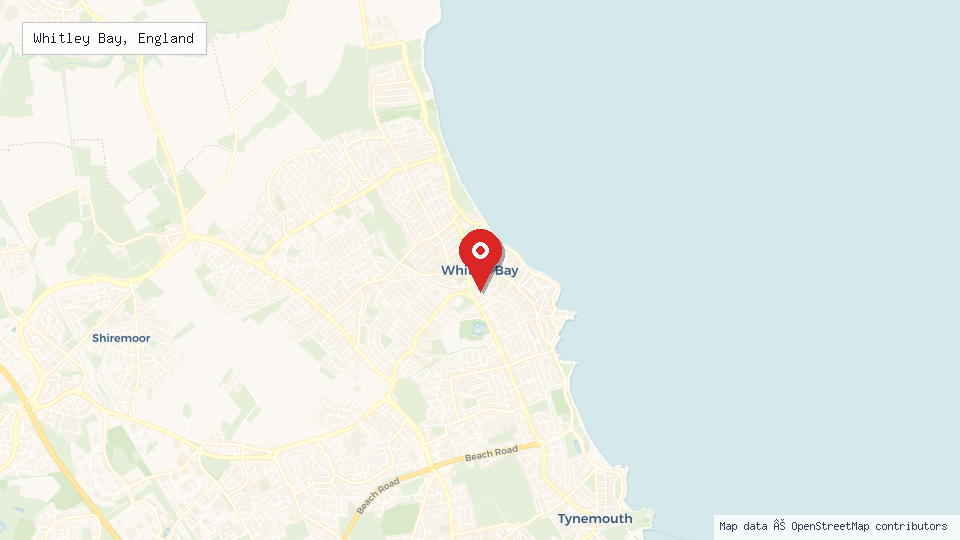 Street map of Whitley Bay, England with location pin