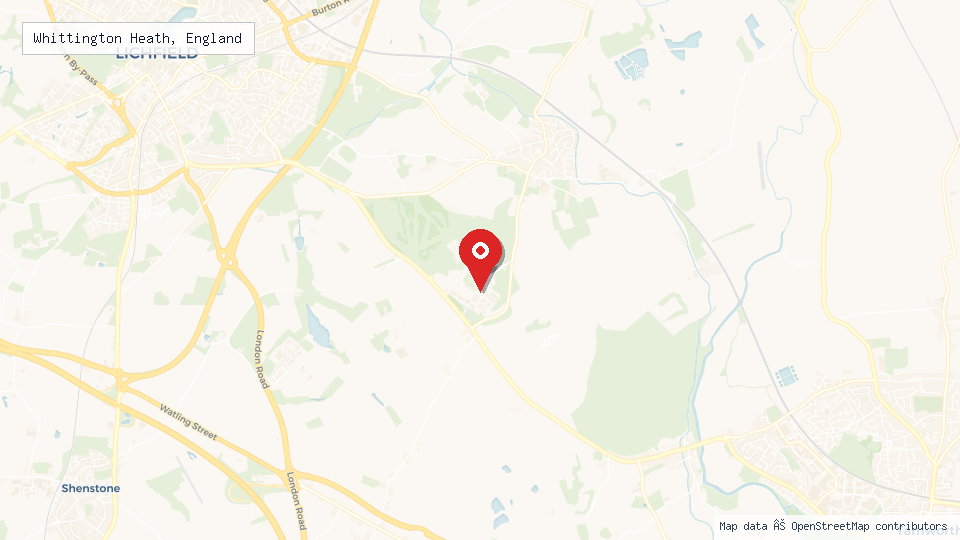 Street map of Whittington Heath, England with location pin