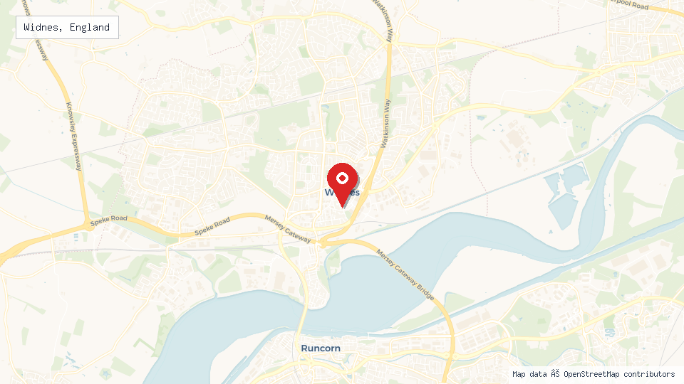 Street map of Widnes, England with location pin