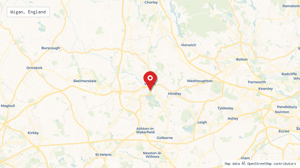 Street map of Wigan, England with location pin