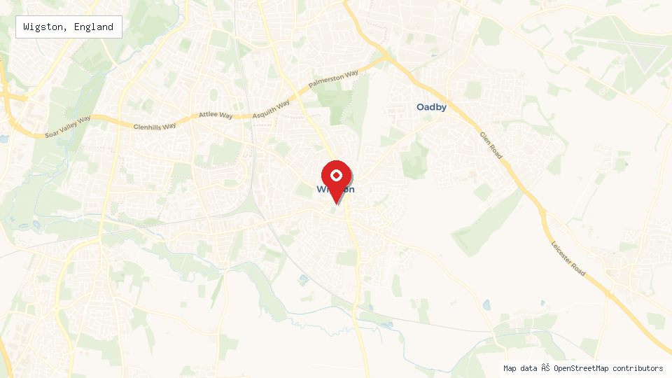 Street map of Wigston, England with location pin