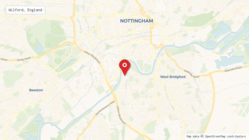Street map of Wilford, England with location pin