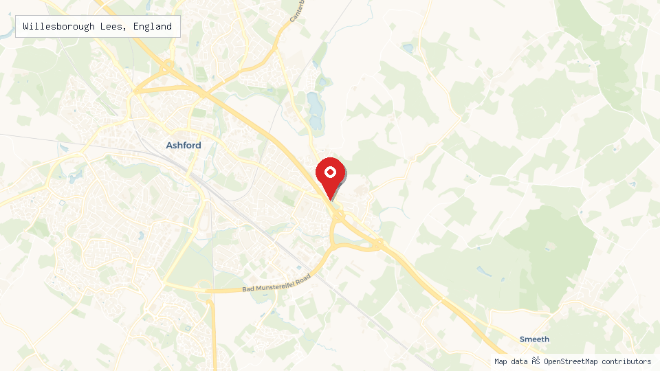 Street map of Willesborough Lees, England with location pin