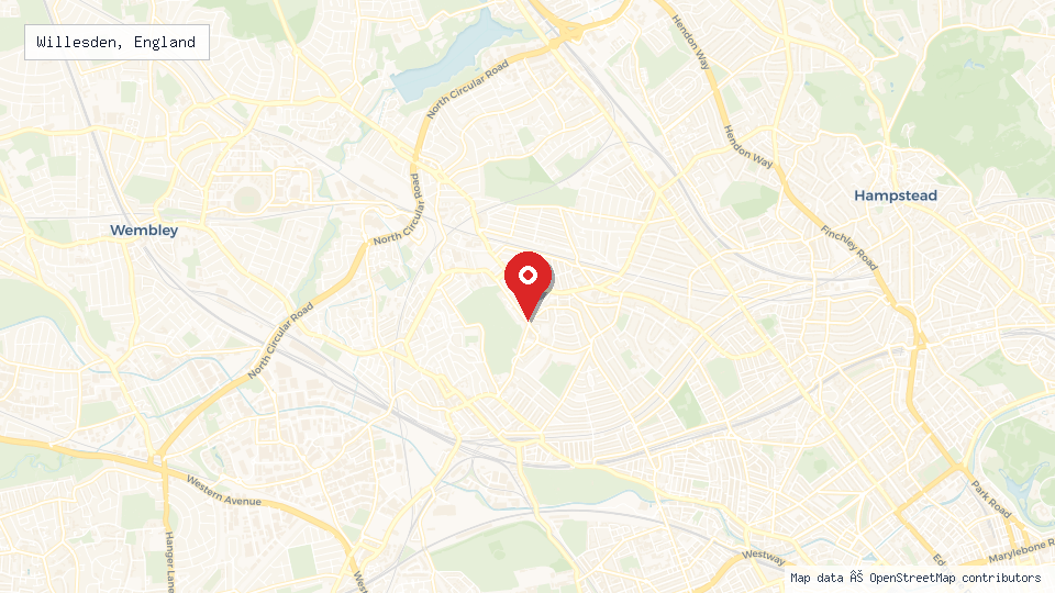 Street map of Willesden, England with location pin