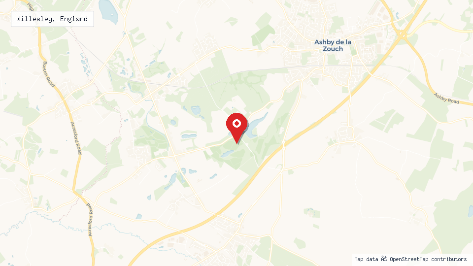 Street map of Willesley, England with location pin
