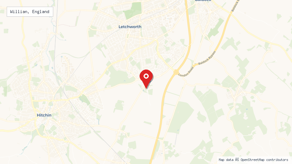 Street map of Willian, England with location pin