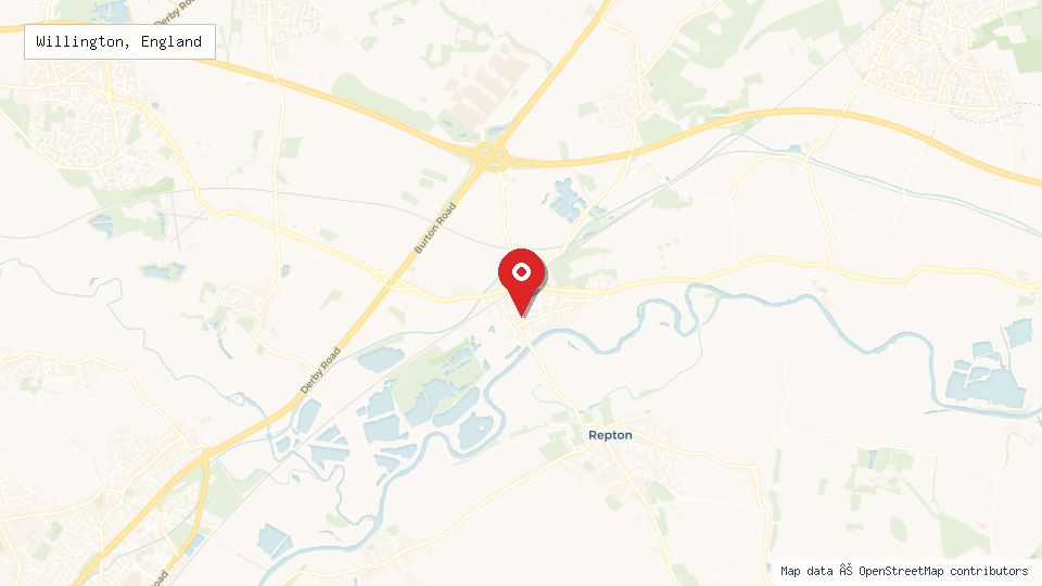 Street map of Willington, England with location pin