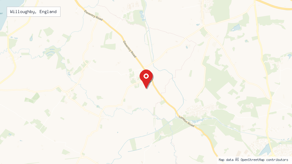 Street map of Willoughby, England with location pin