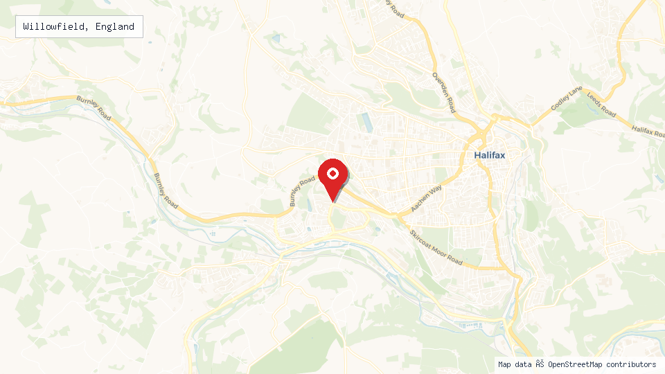 Street map of Willowfield, England with location pin