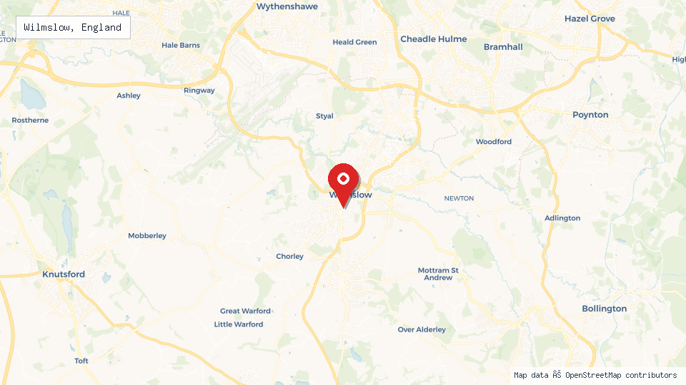 Street map of Wilmslow, England with location pin