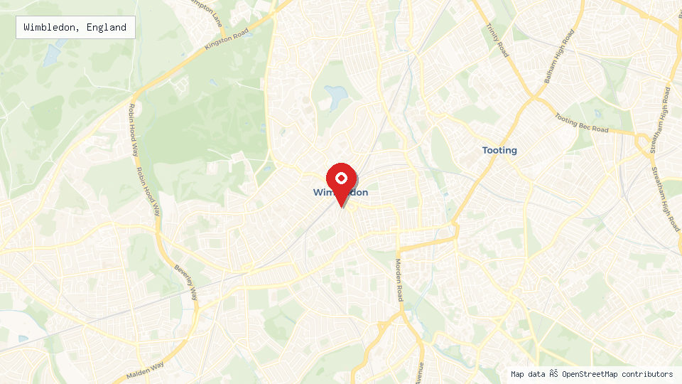 Street map of Wimbledon, England with location pin