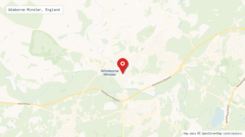 Street map of Wimborne Minster, England with location pin