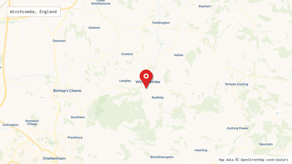 Street map of Winchcombe, England with location pin