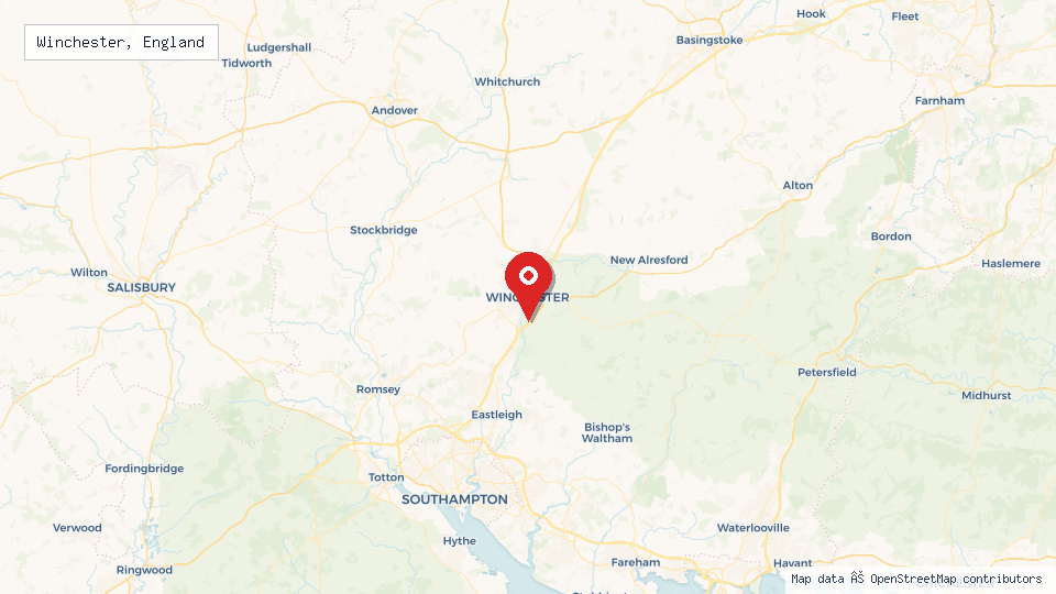 Street map of Winchester, England with location pin