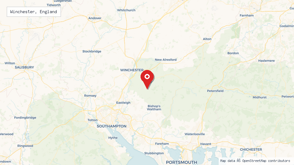 Street map of Winchester, England with location pin