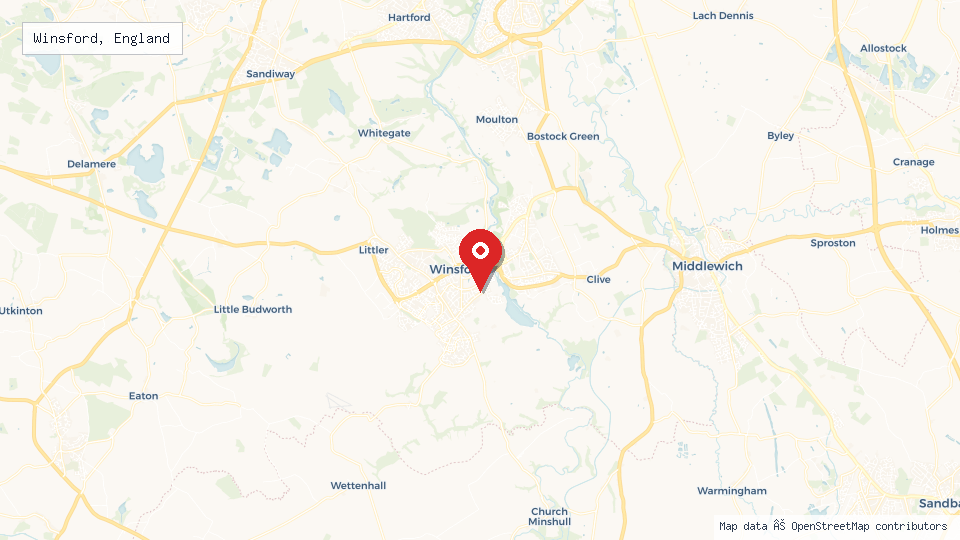 Street map of Winsford, England with location pin