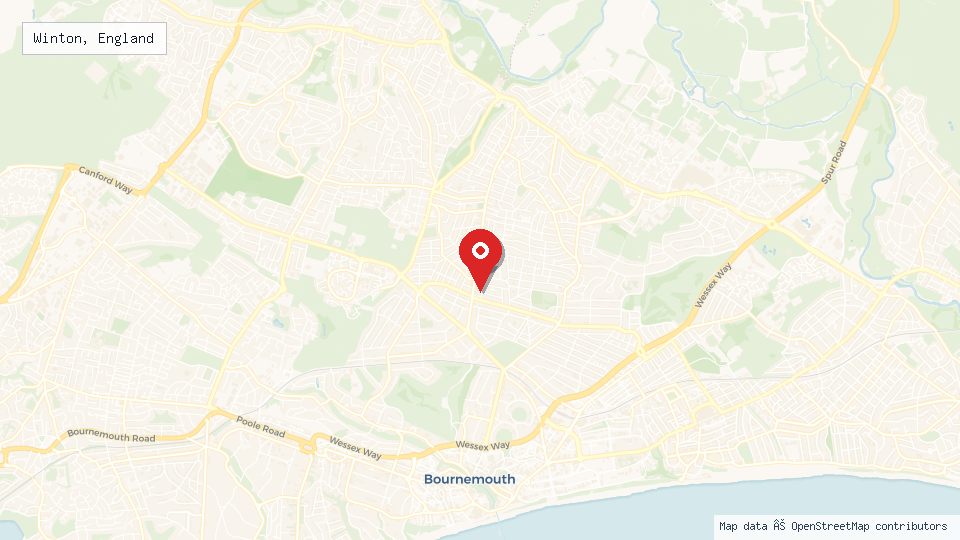 Street map of Winton, England with location pin