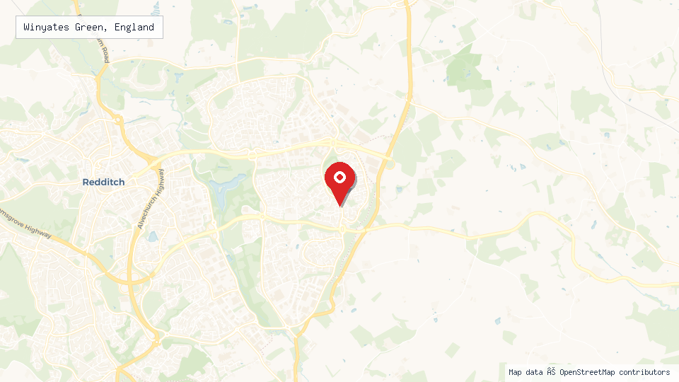 Street map of Winyates Green, England with location pin