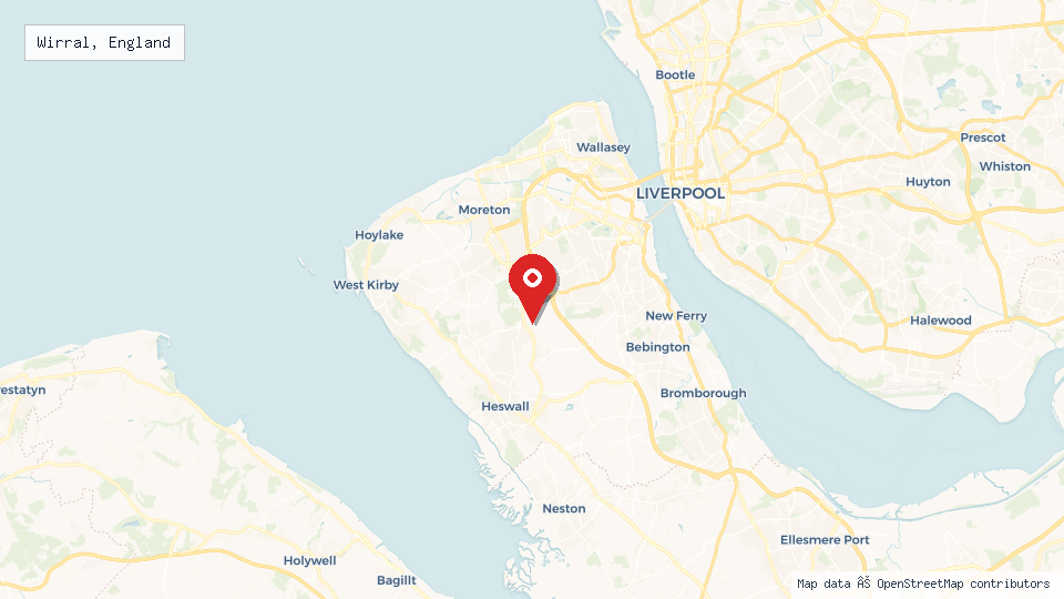 Street map of Wirral, England with location pin