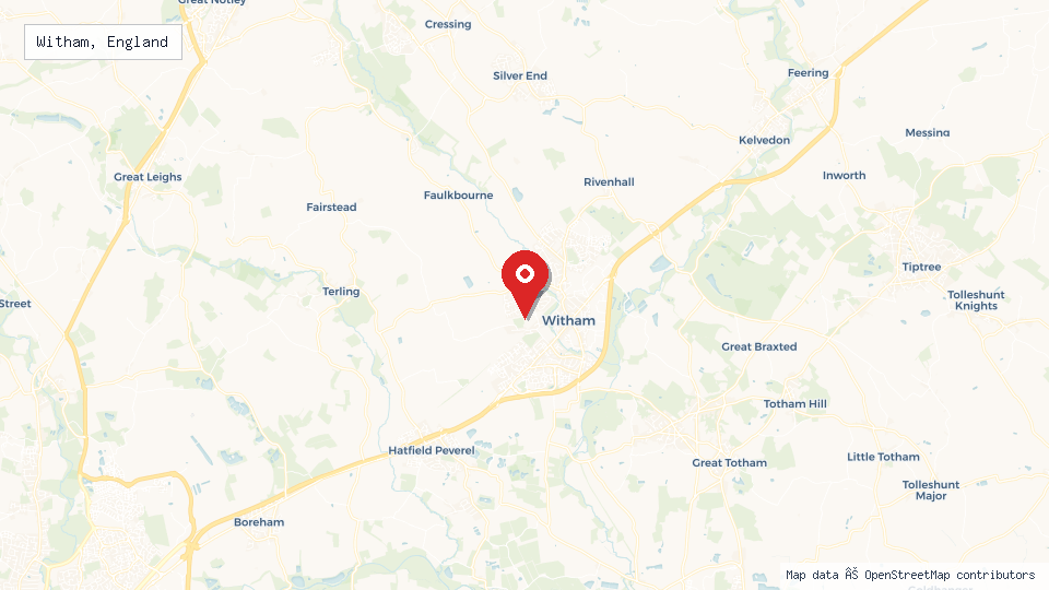 Street map of Witham, England with location pin