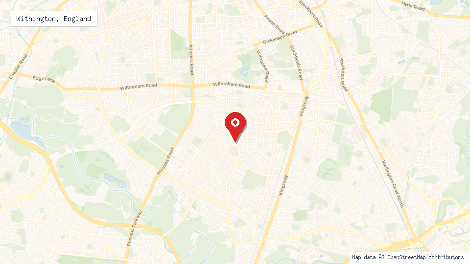Street map of Withington, England with location pin