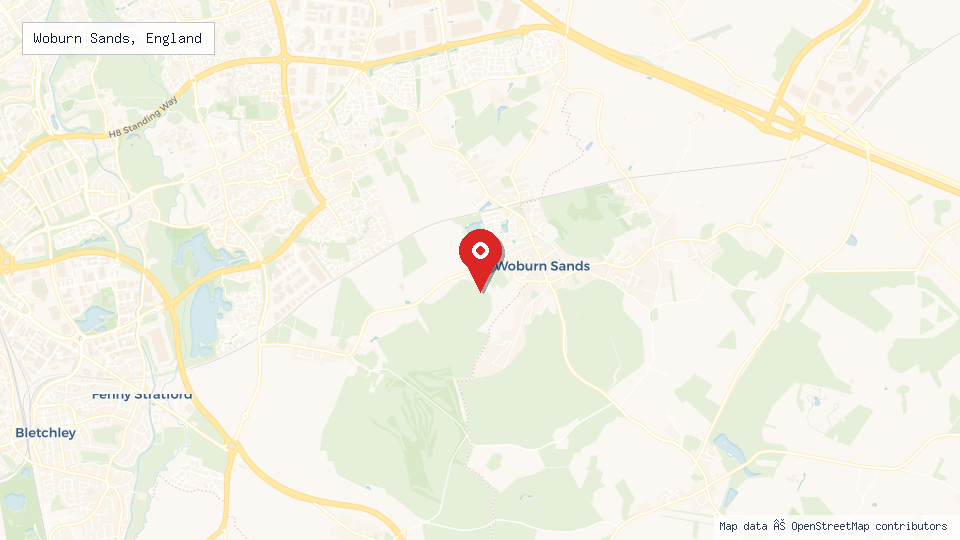 Street map of Woburn Sands, England with location pin