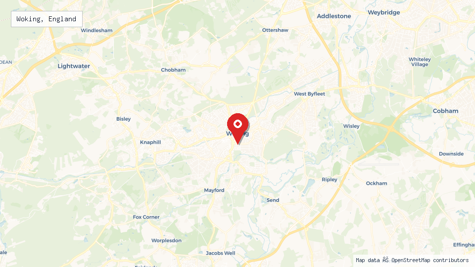 Street map of Woking, England with location pin