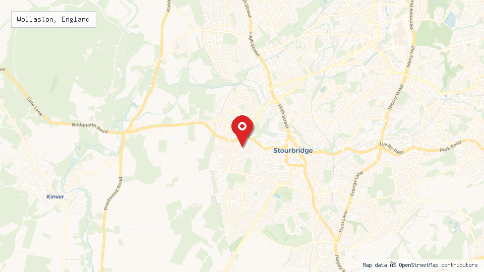 Street map of Wollaston, England with location pin