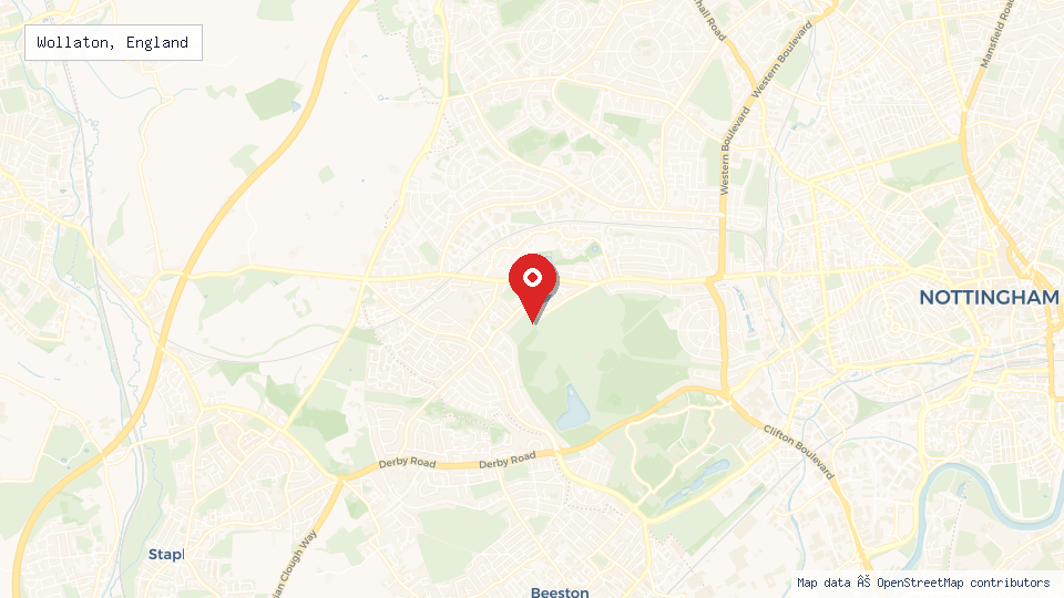 Street map of Wollaton, England with location pin