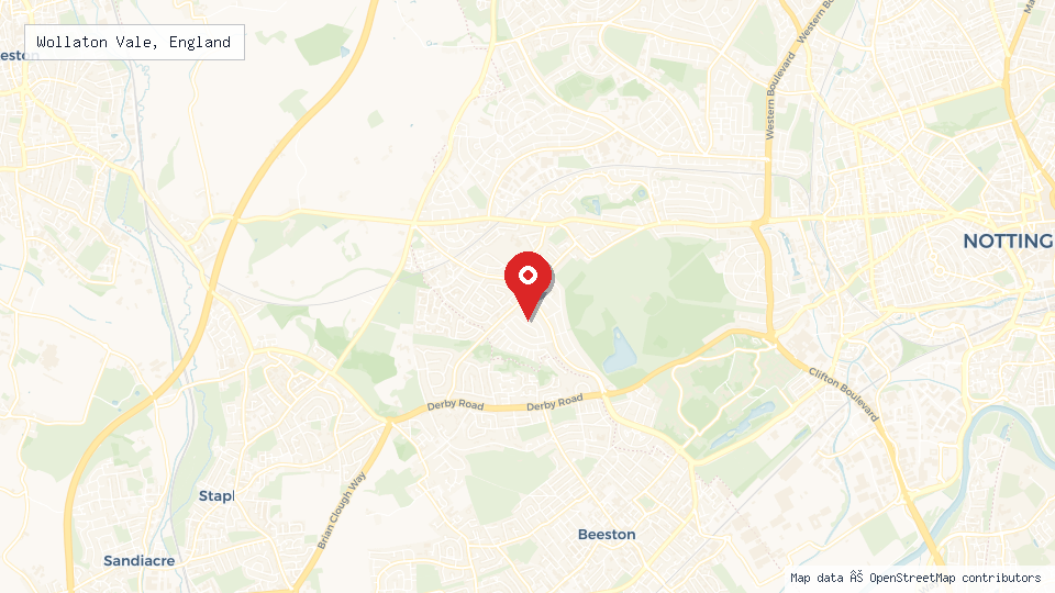 Street map of Wollaton Vale, England with location pin