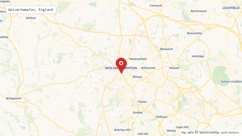 Street map of Wolverhampton, England with location pin