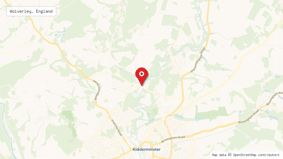 Street map of Wolverley, England with location pin